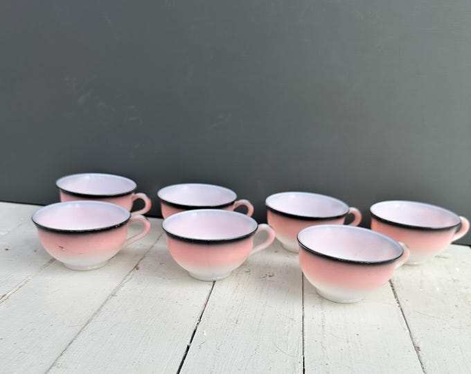 Vintage Hazel Atlas Pink and Black Coffee Cups Set of 7 Ovide Platonite Black Pink White Coffee Cups MCM Coffee Mugs Mid Century Dishes