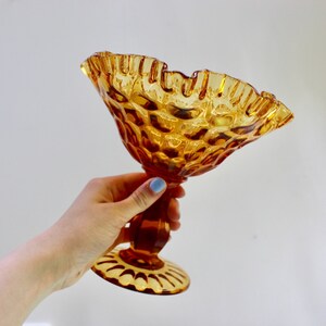 Vintage Amber Glass Candy Dish, Vintage Amber Glass Pedestal Dish, Vintage Amber Glass Decorative Dish, Mid Century Amber Glass