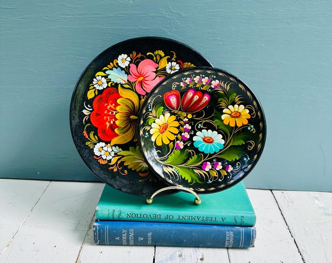 Vintage Ukrainian Petrykivka Hand Painted Lacquered Wood Wall Plates Folk Art Floral Decor Set