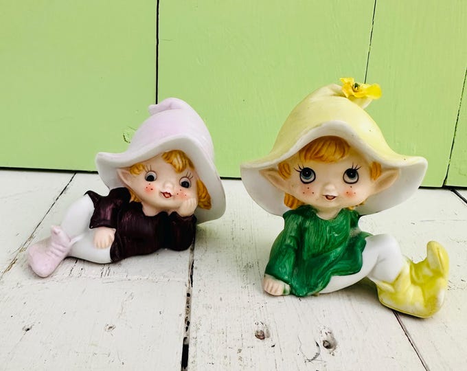 Vintage MCM Homco Pixies Set of Two Leprechaun St. Patrick's Day Decor Vintage Pixie Elf Figurines Woodland Decor Ceramic Pixie Knick Knacks