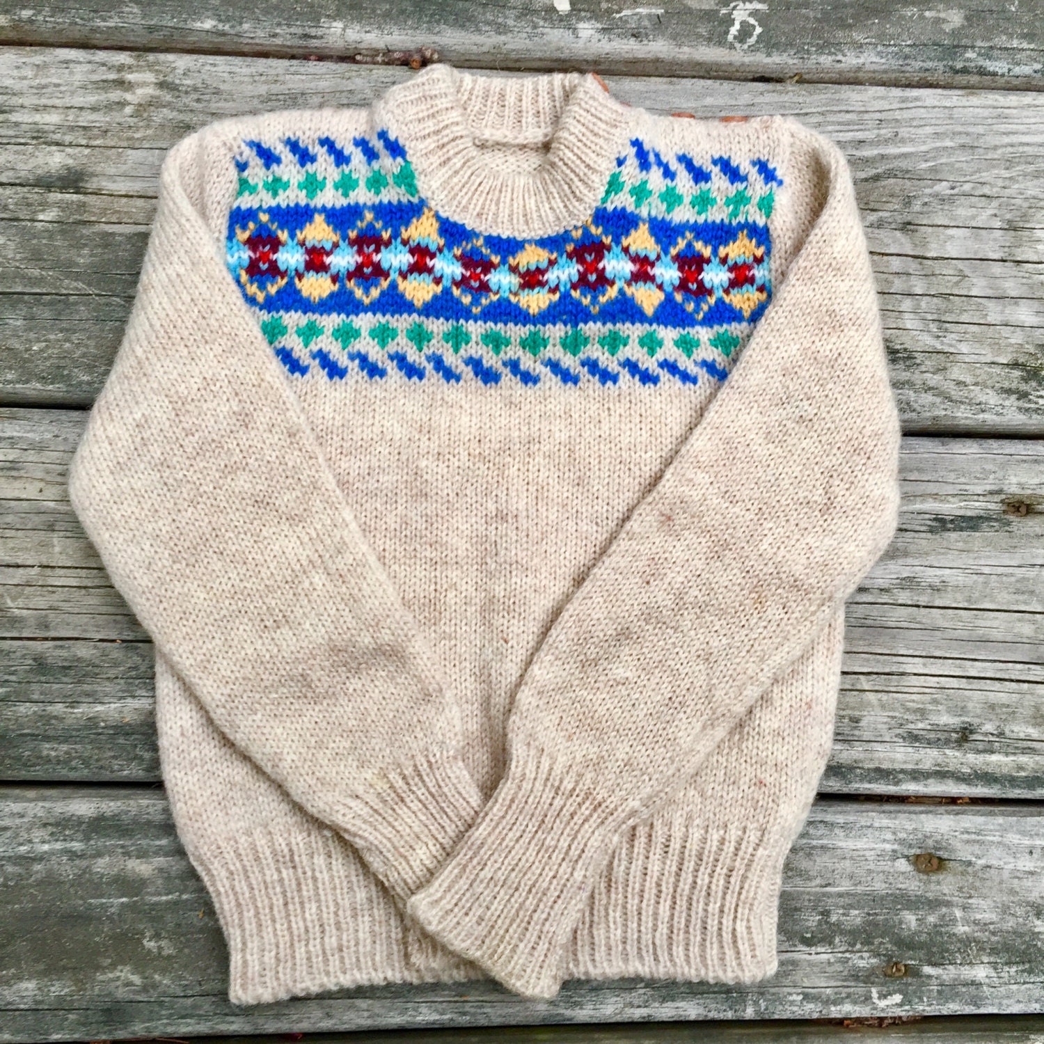 Vintage Child Wool Sweater Oatmeal with Fair Isle Style Details, 1218