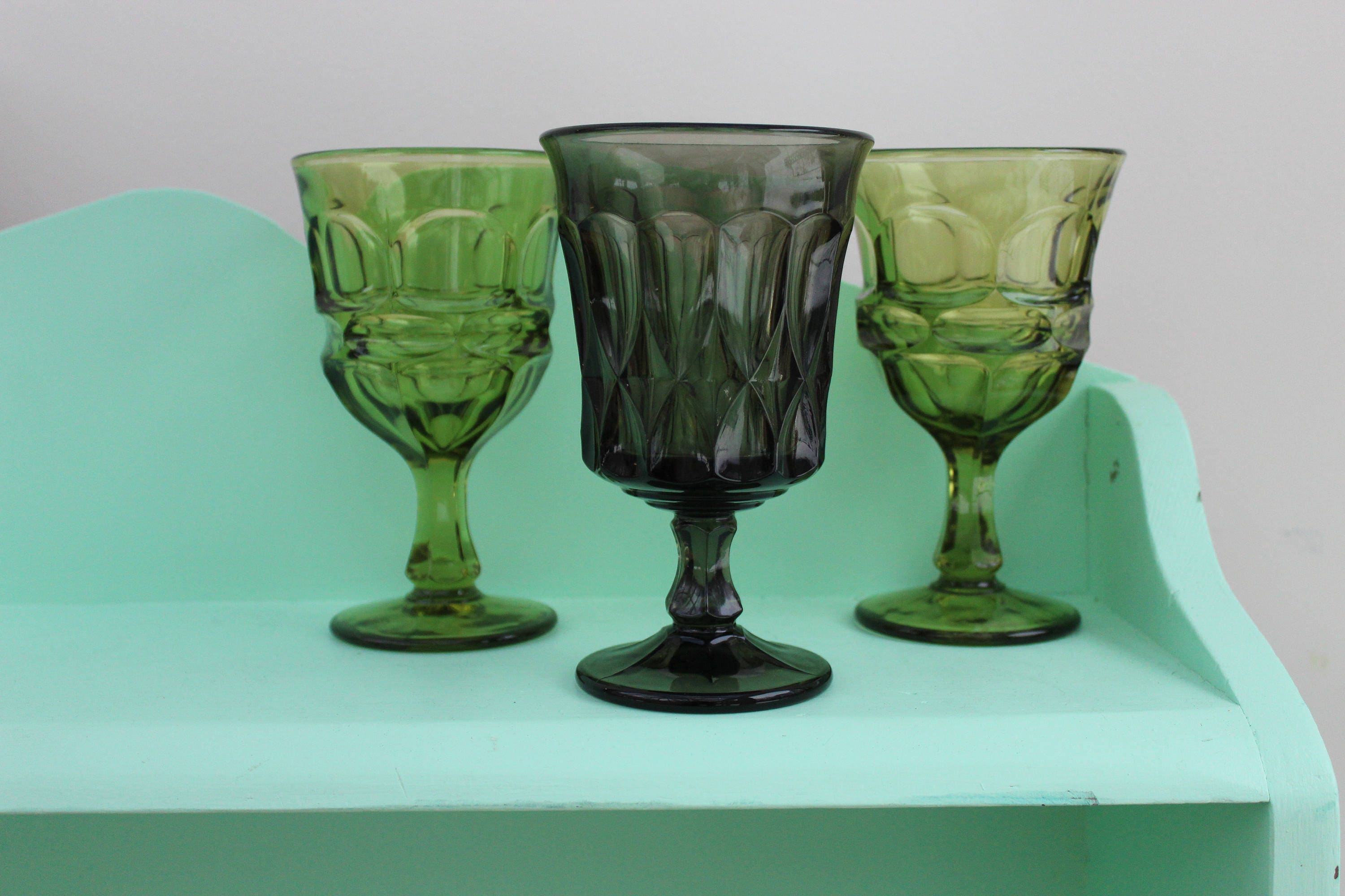 Vintage Green Drinking Glasses Vintage Glassware Mid Century Glasses Footed Glasses Vintage