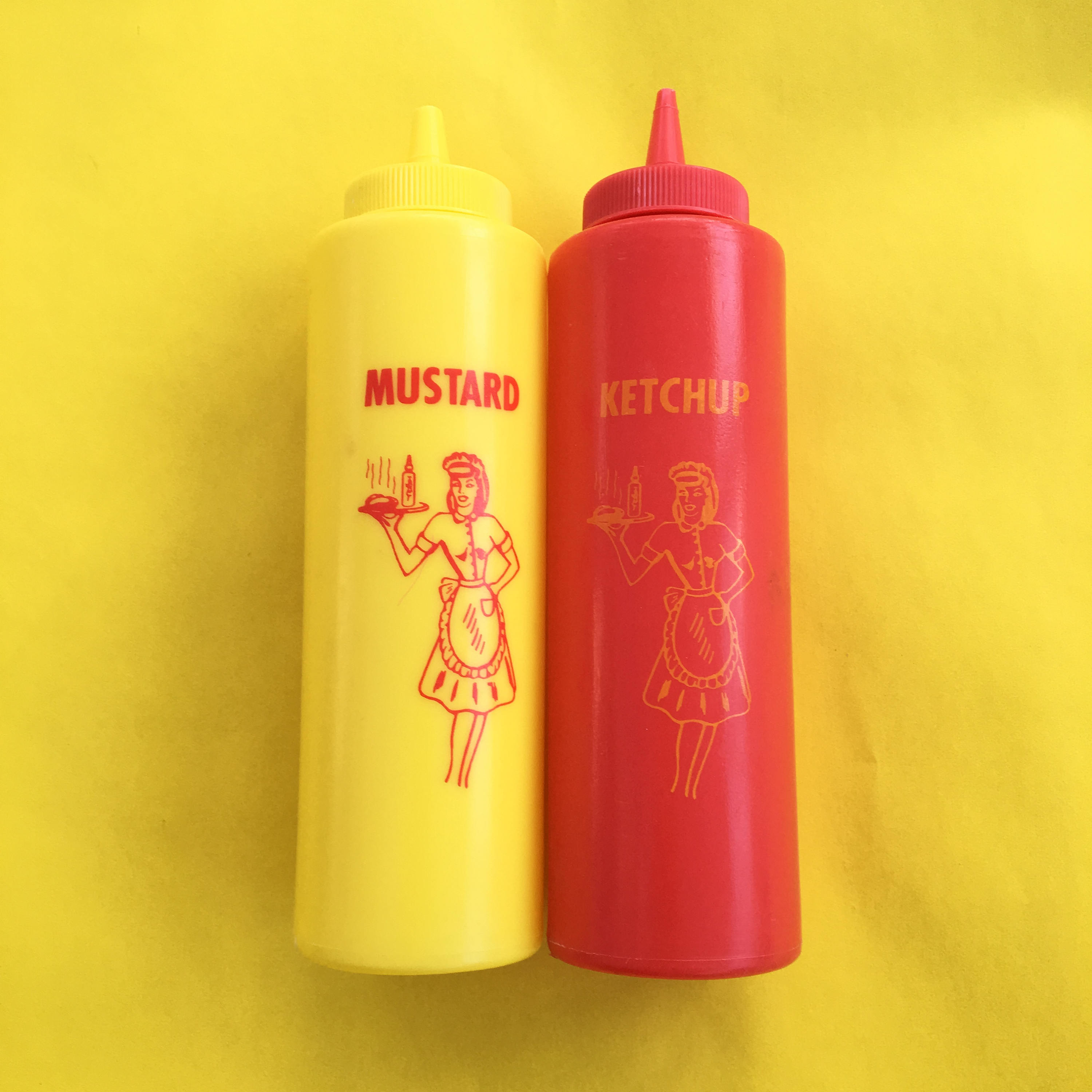Vintage Retro Ketchup and Mustard Bottles and Burger Baskets, Vintage