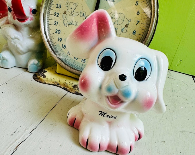 Vintage Ceramic Puppy Souvenir Bank, Vintage Dog Coin Bank, Vintage Maine Souvenir, White Dog Piggy Bank, Vintage Nursery Decor, Kids Bank