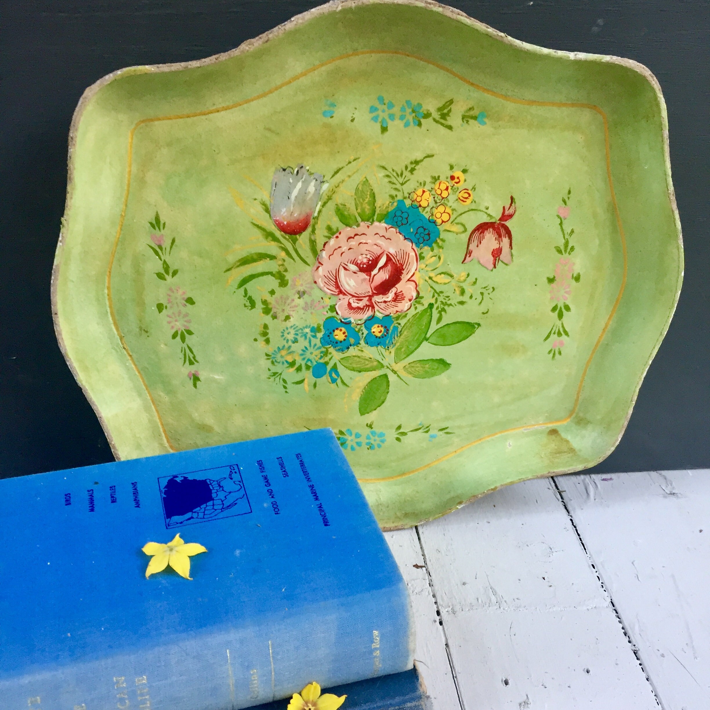 Vintage Wooden Handpainted Japanese Tray, Vintage Japanese Decorative Tray, Vintage Cottage