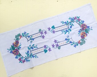 Vintage Cross-Stitch Dresser Runner, Vintage Embroidered Vanity Runner, Vintage Floral Embroidered Linen