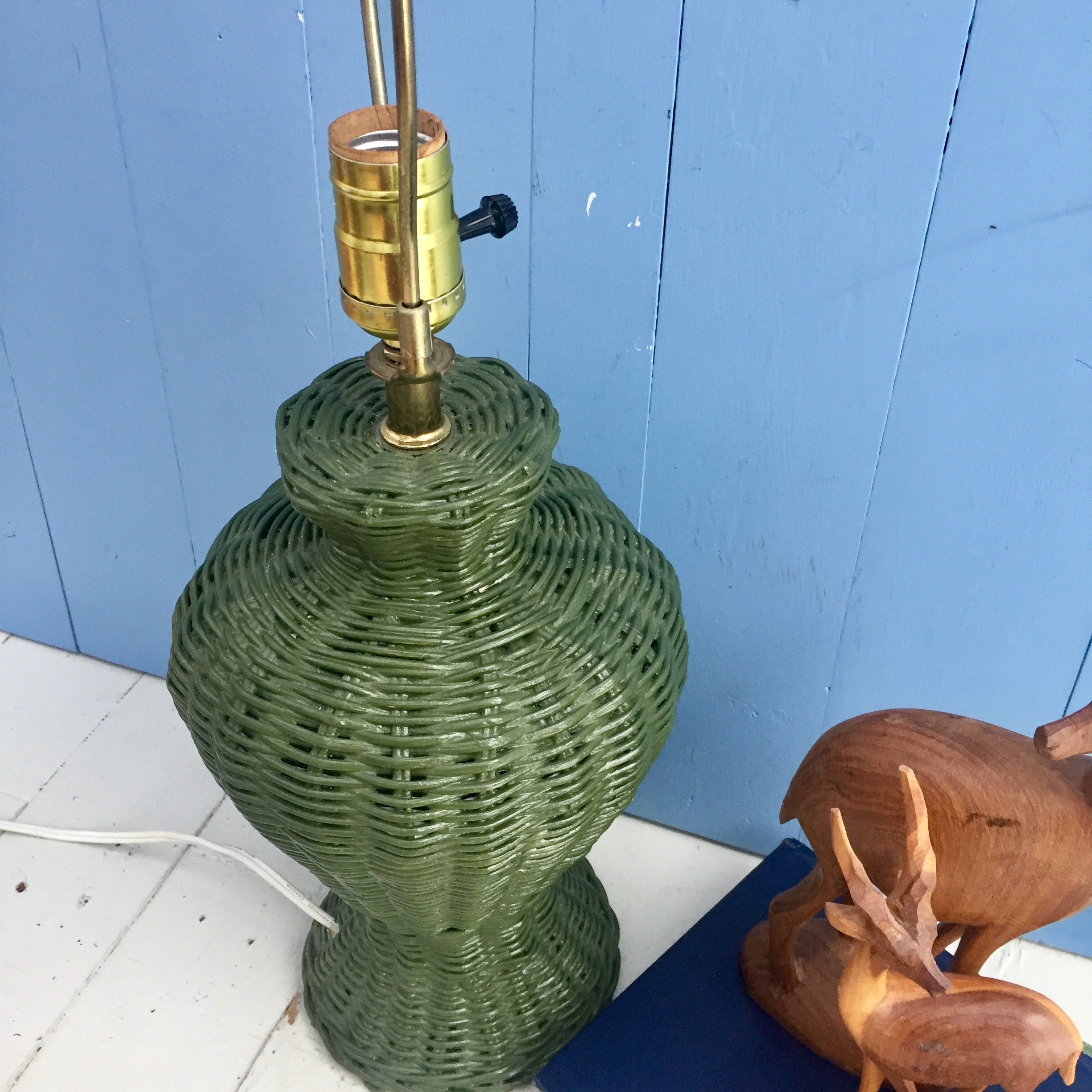 Vintage Green Wicker Table Lamp, Vintage Wicker Lamp, Vintage Green