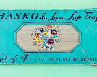 Juego de 4 bandejas para regazo Vintage Hasko Deluxe, bandejas florales de mediados de siglo para TV, caja original, estilo cottagecore.