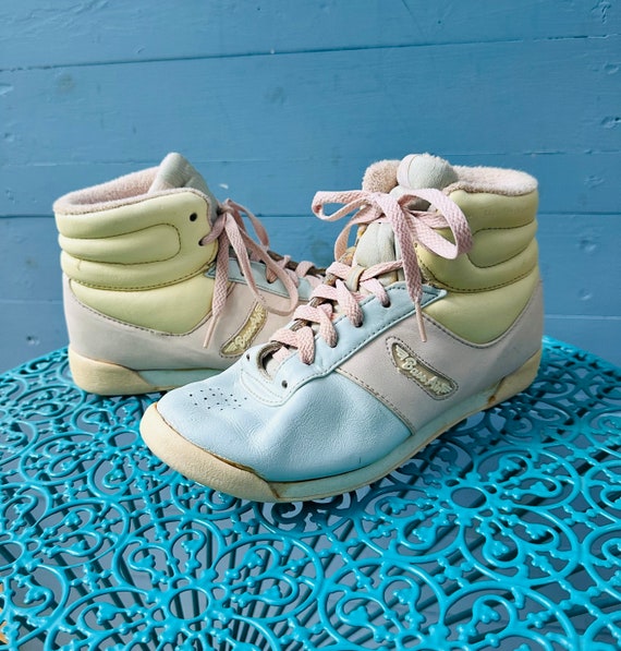 Vintage 1980s BassAir Pastel High Top Sneakers Leather Athletic Shoes Pink Blue Yellow Size 5.5