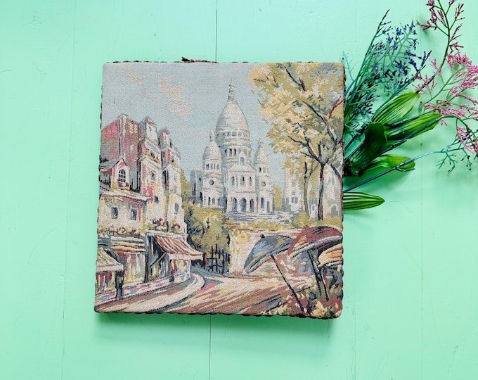 Vintage French Tapestry Wood Framed Block French Scene Tapestry Picture French Wall Decor Parisian Picture European Wall Picture Hanging