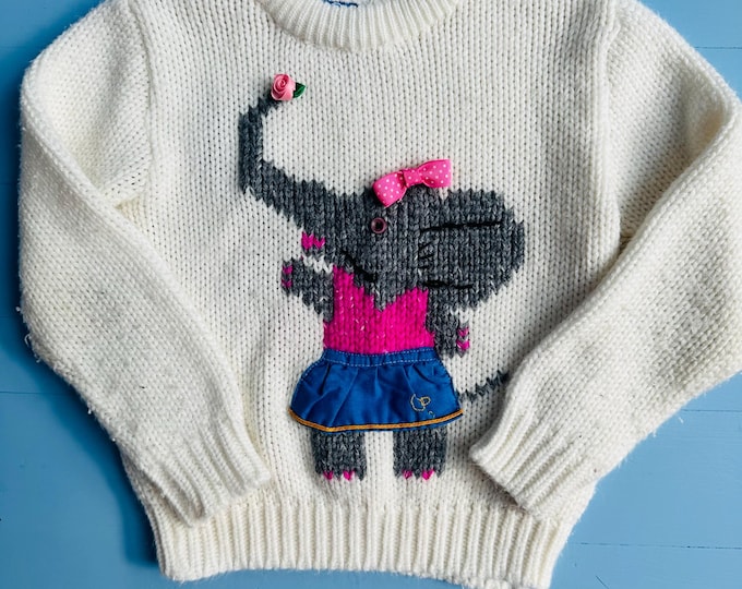 Vintage 80s Elephant Sweater, Ocean Pacific Sweater, Little Girl Size 6, Animal Sweater, Anthropomorphic Animal Sweater, Vintage Sweater