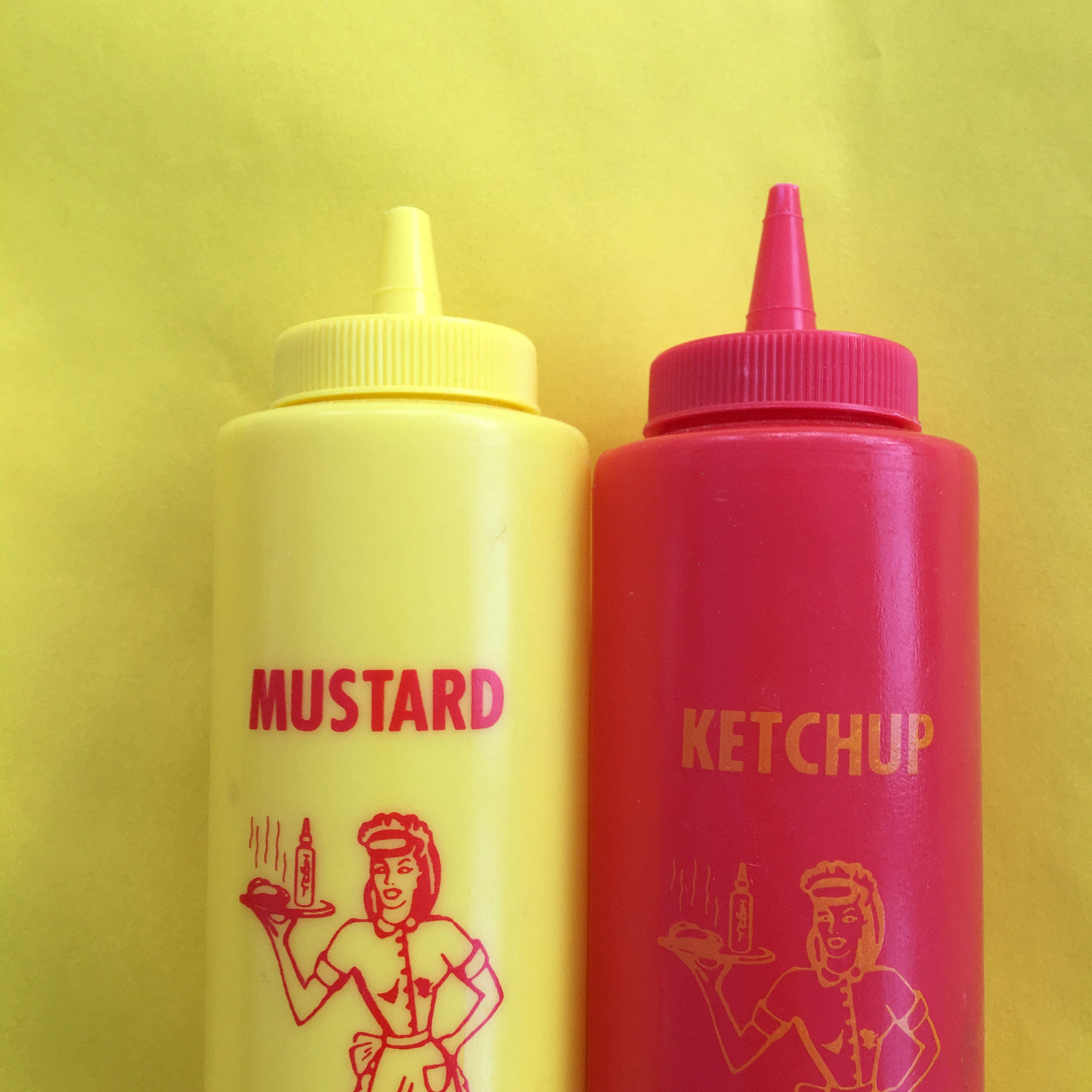 Vintage Retro Ketchup and Mustard Bottles and Burger Baskets, Vintage