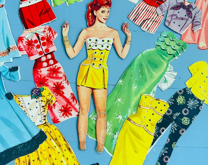 Vintage 1960s Paper Dolls, Mid Century Retro Paper Doll with clothes, Redhead Glamour Paper Dolls, 1960s Ephemera, Threaded Paper Doll