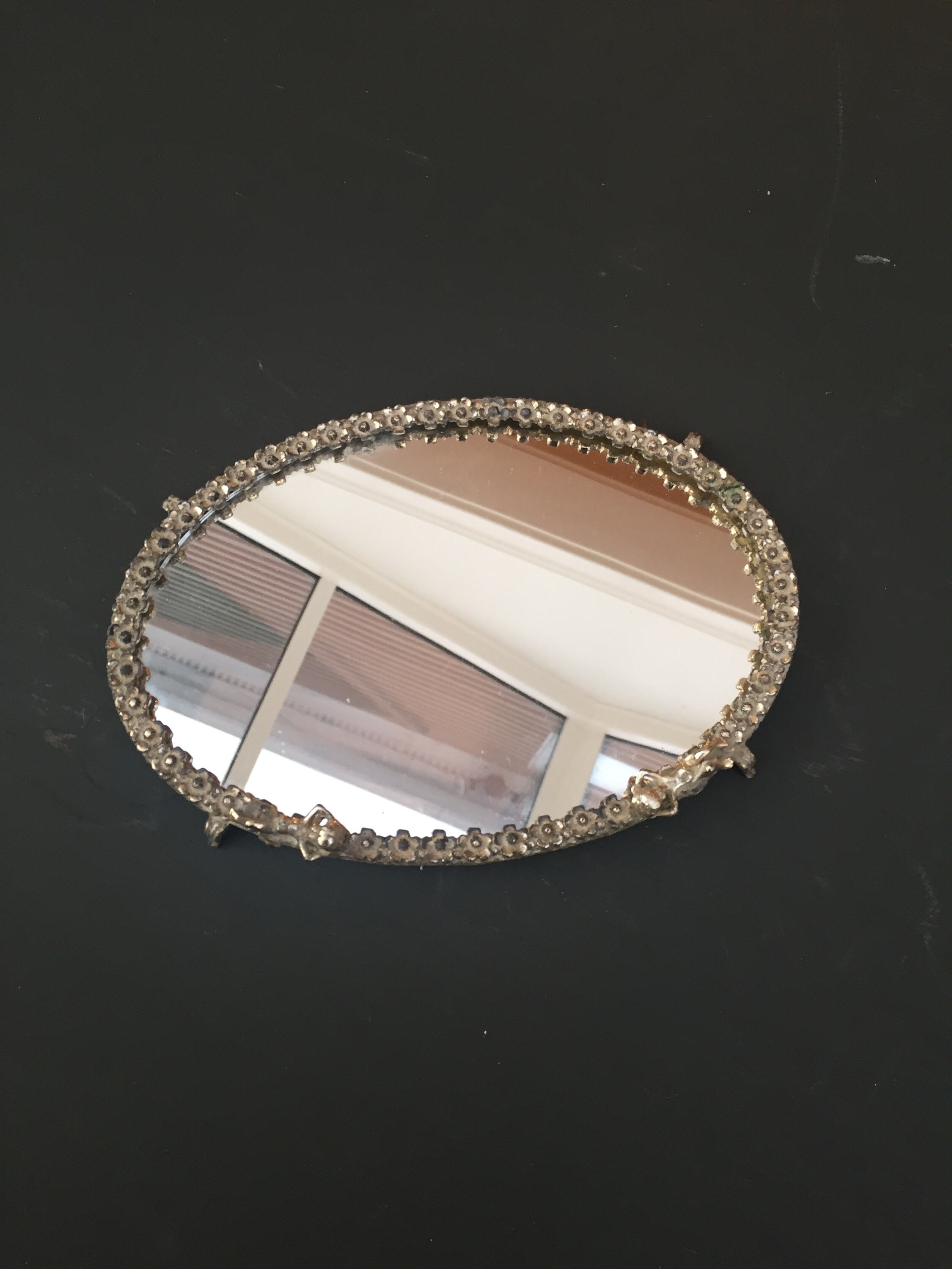Vintage Mirrored Vanity Tray with Cherub and Floral Accents, Vintage