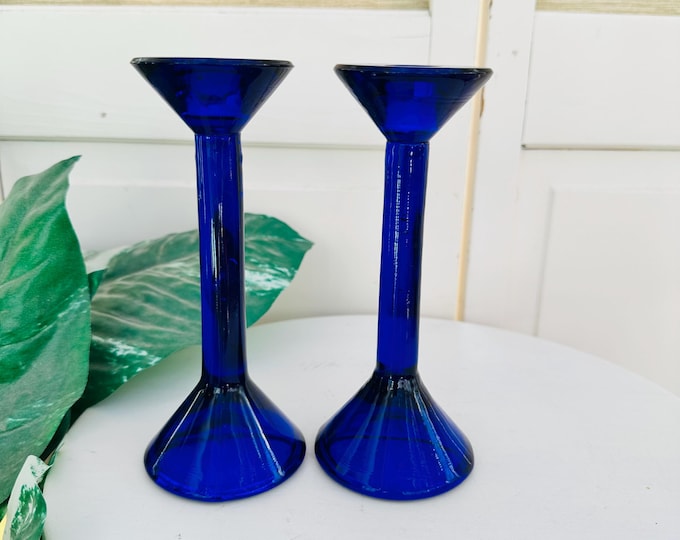 Vintage 1970s pair of cobalt blue glass candlesticks, 7 inches, hand-blown glass