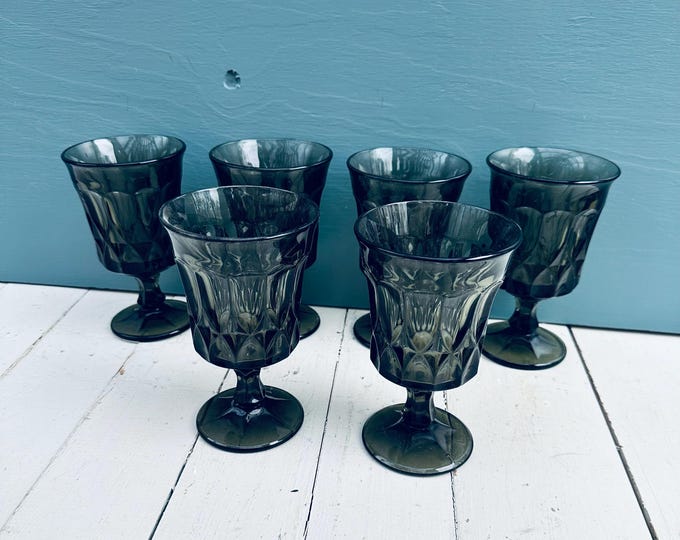 Vintage Noritake Perspective Smoky Drinking Glasses Set of Six Black Water Glasses Footed Glass Goblets Vintage Barware Retro Drinkware