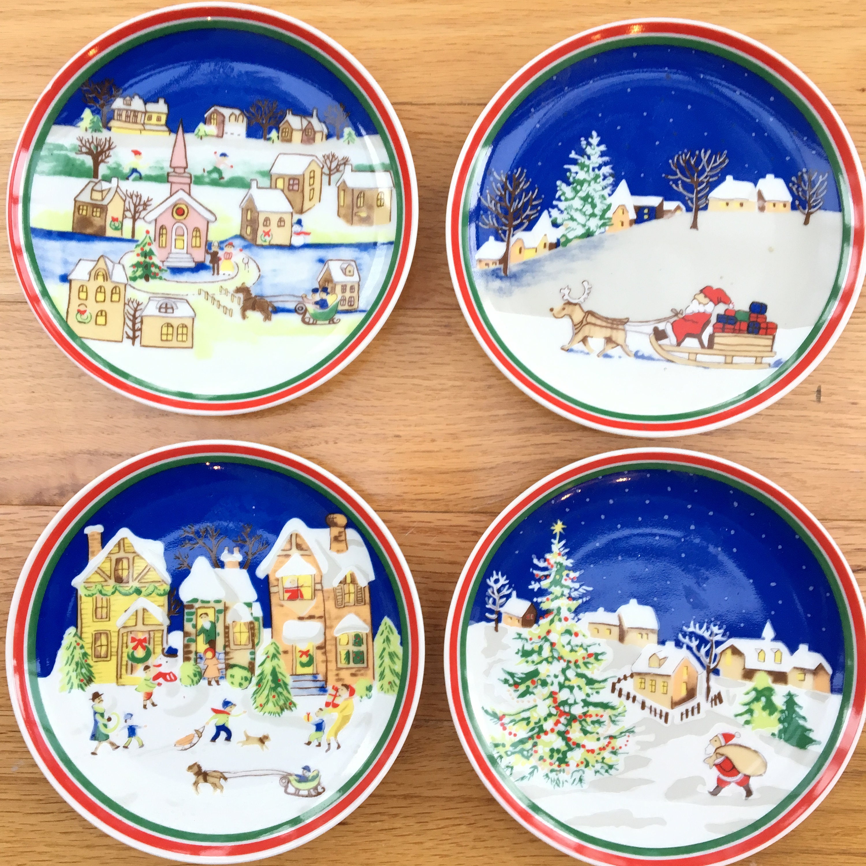 Vintage Christmas Plates, Set of Four, Vintage Handpainted Christmas