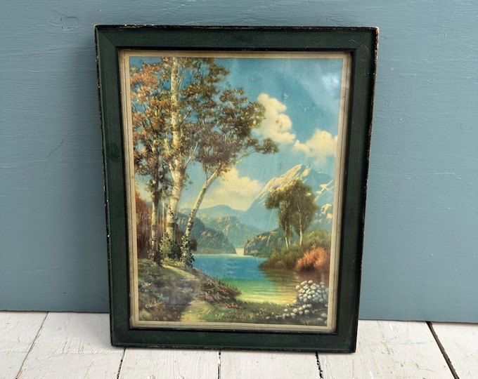 Vintage Mid Century Landscape Print Lake Mountain Outdoor Scene Wall Decor Framed Picture