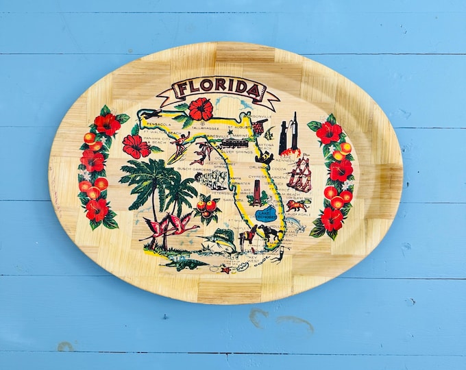 Vintage Florida Bamboo Serving Tray Oval Souvenir Platter State Map Tiki Decor Mid Century Travel Memorabilia Tropical Wall Display