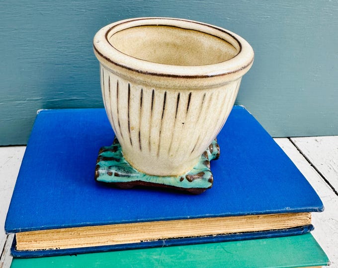 Vintage Raku Japanese Studio Art Pottery Planter Ivory and Turquoise Pottery