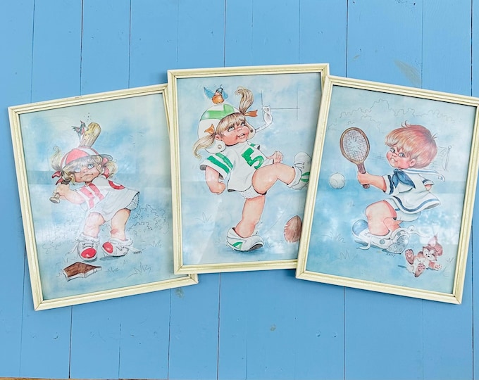 Vintage Little Girl Sports Kids Wall Art Set of 3 Framed Nursery Prints Baseball Football Tennis Cottagecore Childrens Room Decor