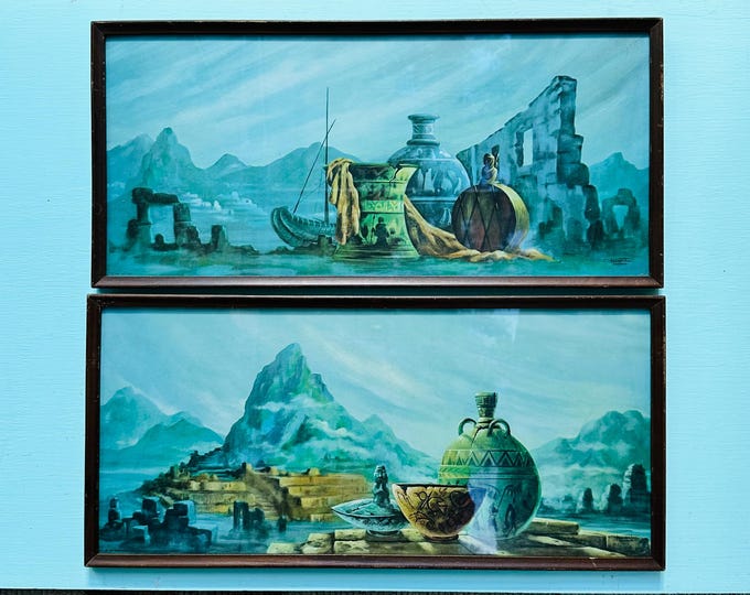 Vintage Hans Van Lamsweerde Capriccio Print Pair Mediterranean Ruins Wall Art Set Mid Century Framed Landscape Prints