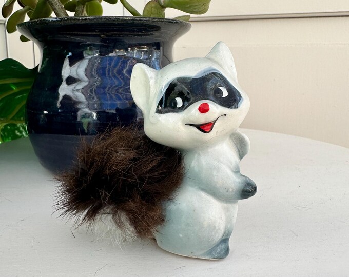Vintage 1950s Lugene's Raccoon Figurine with Fur Tail, Woodland Animal Figurine