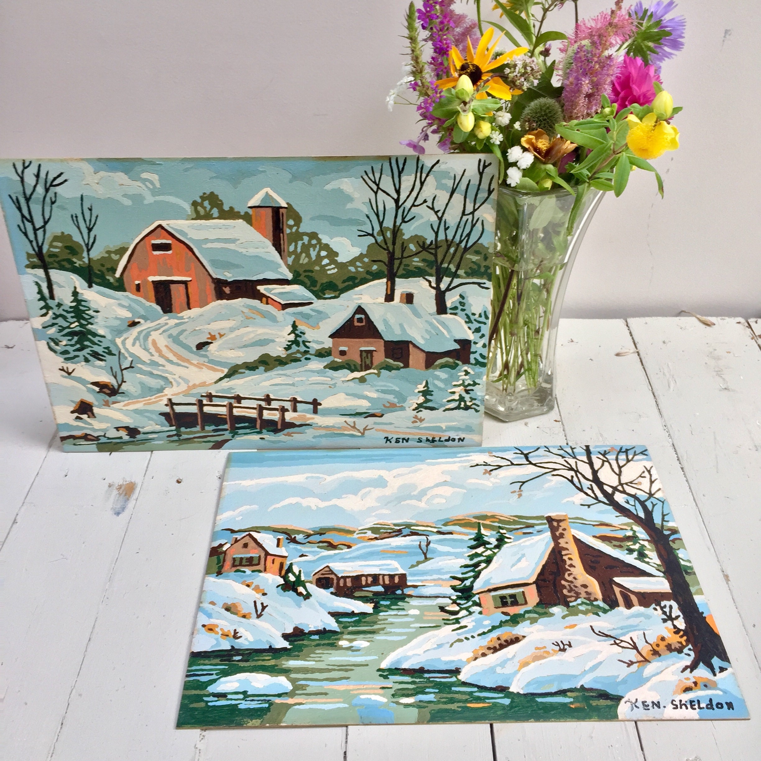 Vintage Paint by Number Paintings, Vintage Pair Winter Landscape