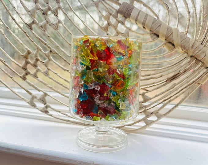 Vintage MCM LE Smith Glass Co Romance Light Crushed Glass Candle Holder Footed Rainbow Glass Candle Light Mid Century Candleholder