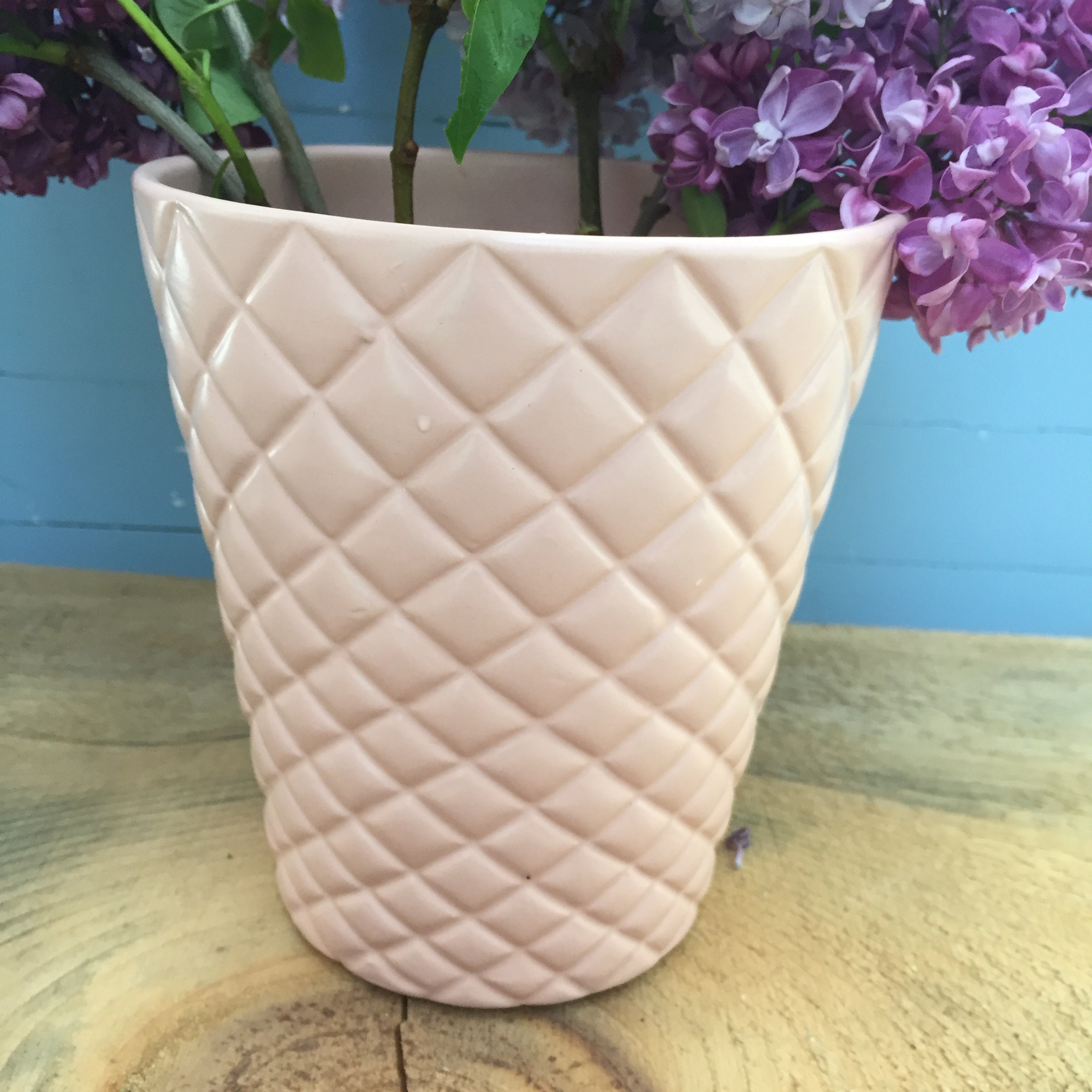Vintage Pink Flower Pot, Vintage Basketweave Flower Pot, Vintage