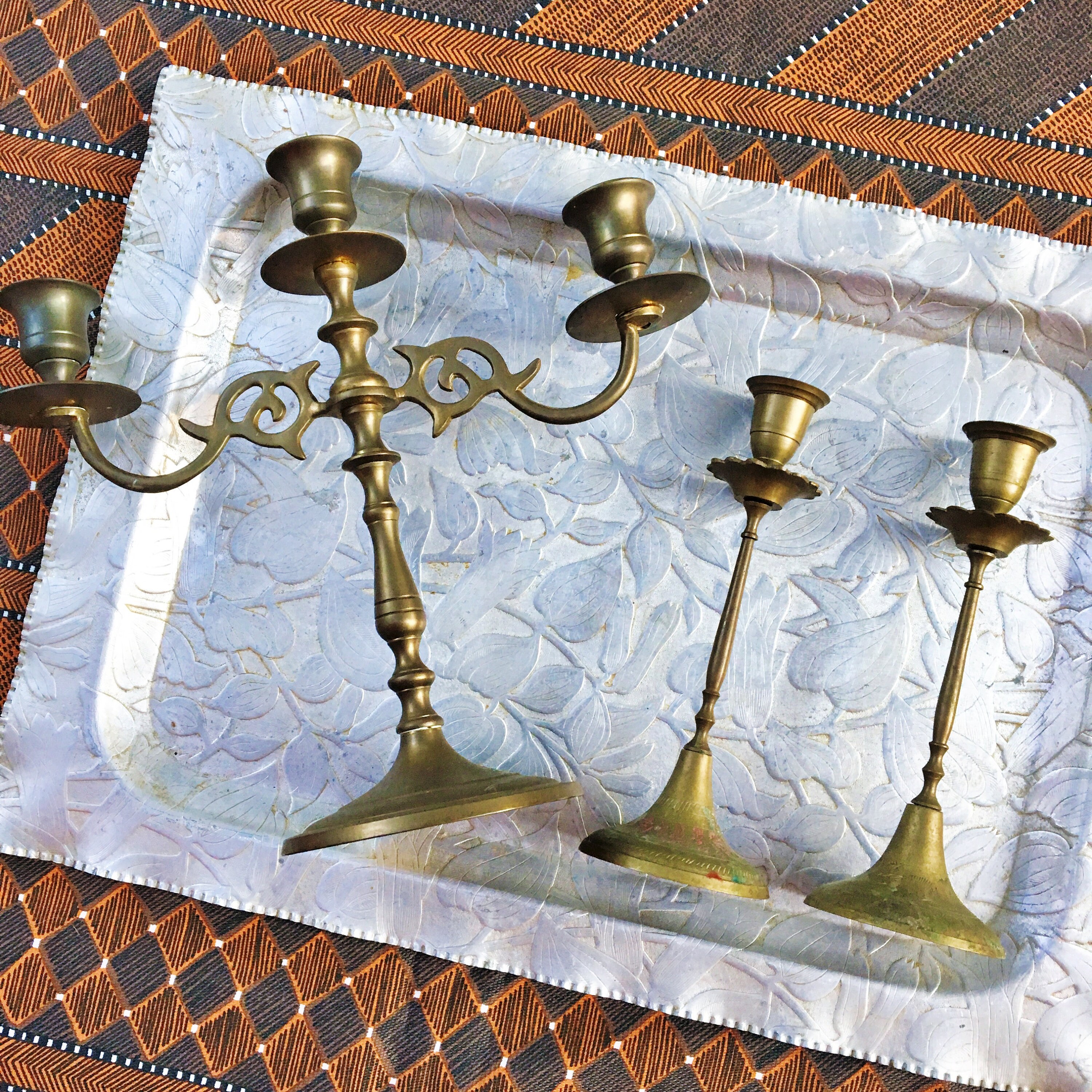 Vintage Brass Candelabra and Brass Candlesticks, Three Piece Brass