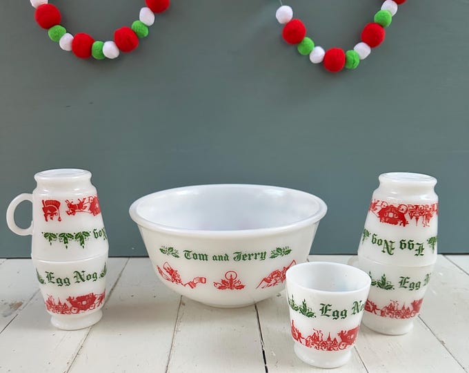 Vintage Hazel Atlas Tom and Jerry Egg Nog Set Vintage Christmas Milk Glass Bowl and Mugs Vtg Xmas Dishes Christmas Party Decor