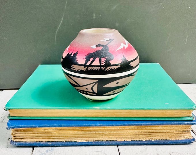 Vintage Southwest Pottery Vase Kokopelli Vase Signed Pottery Vessel Native American Style Desert Sunset Vase Pink Black Geometric Pottery