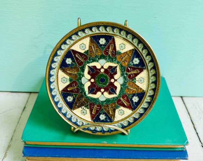 Vintage Greek Brass Enamel Plate Moschato Greece Takoyssi Decorative Dish Mediterranean Wall Decor
