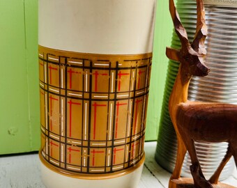 Termo vintage Aladdin, termo a cuadros marrones, decoración vintage para acampar, equipo de glamping, termo vintage para picnic, termo aislado.