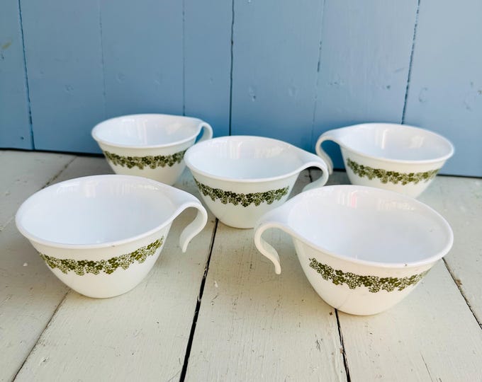 Vintage corelle spring blossom cups, set of 5, hook handle coffee cups, spring blossom 1970s green floral cottage kitchen