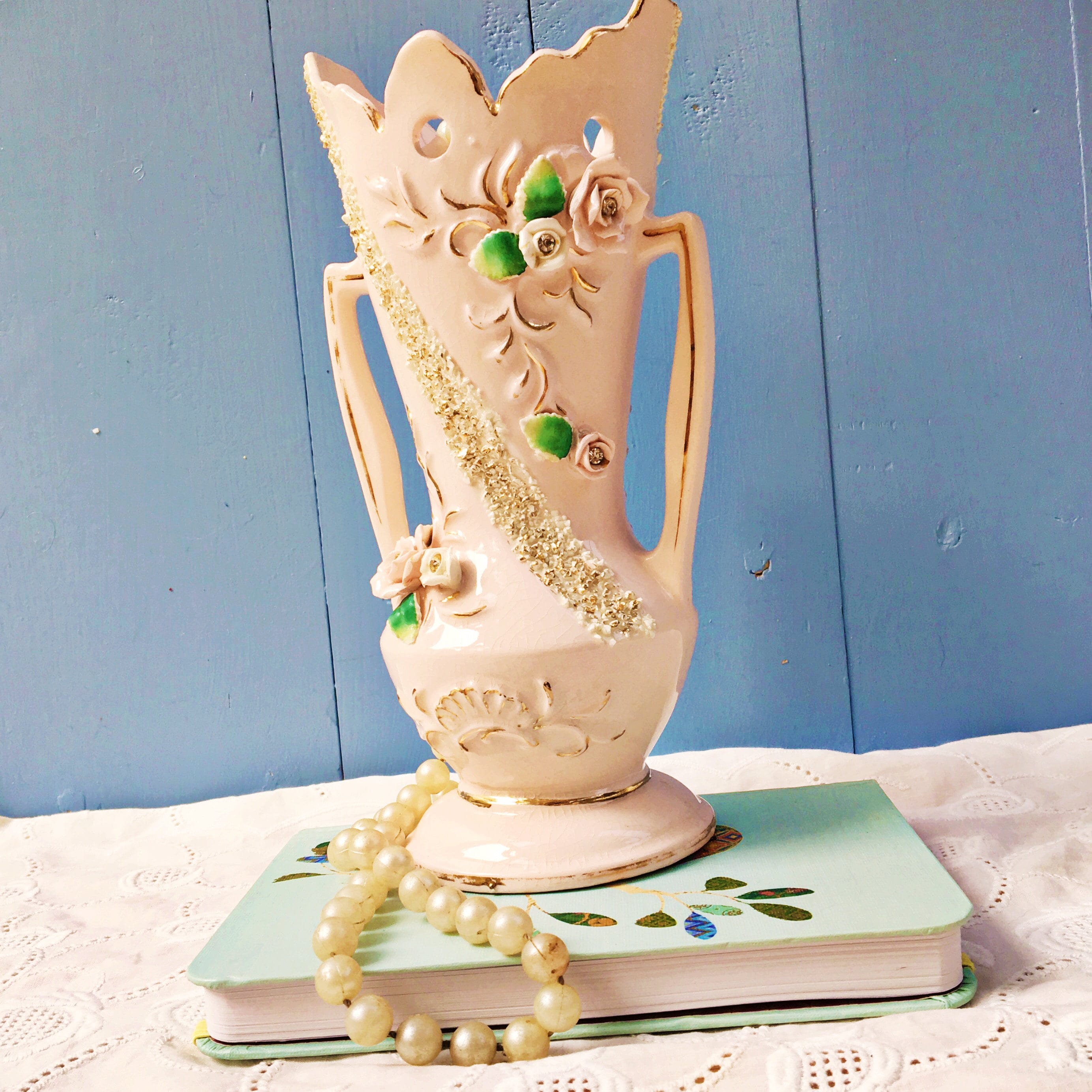 Vintage 1950s Pink Floral Handled Vase, Vintage Shabby Chic Pink Vase