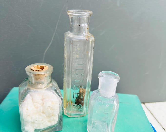 Antique collection of glass medicine apothecary bottles, small glass bottles trio set
