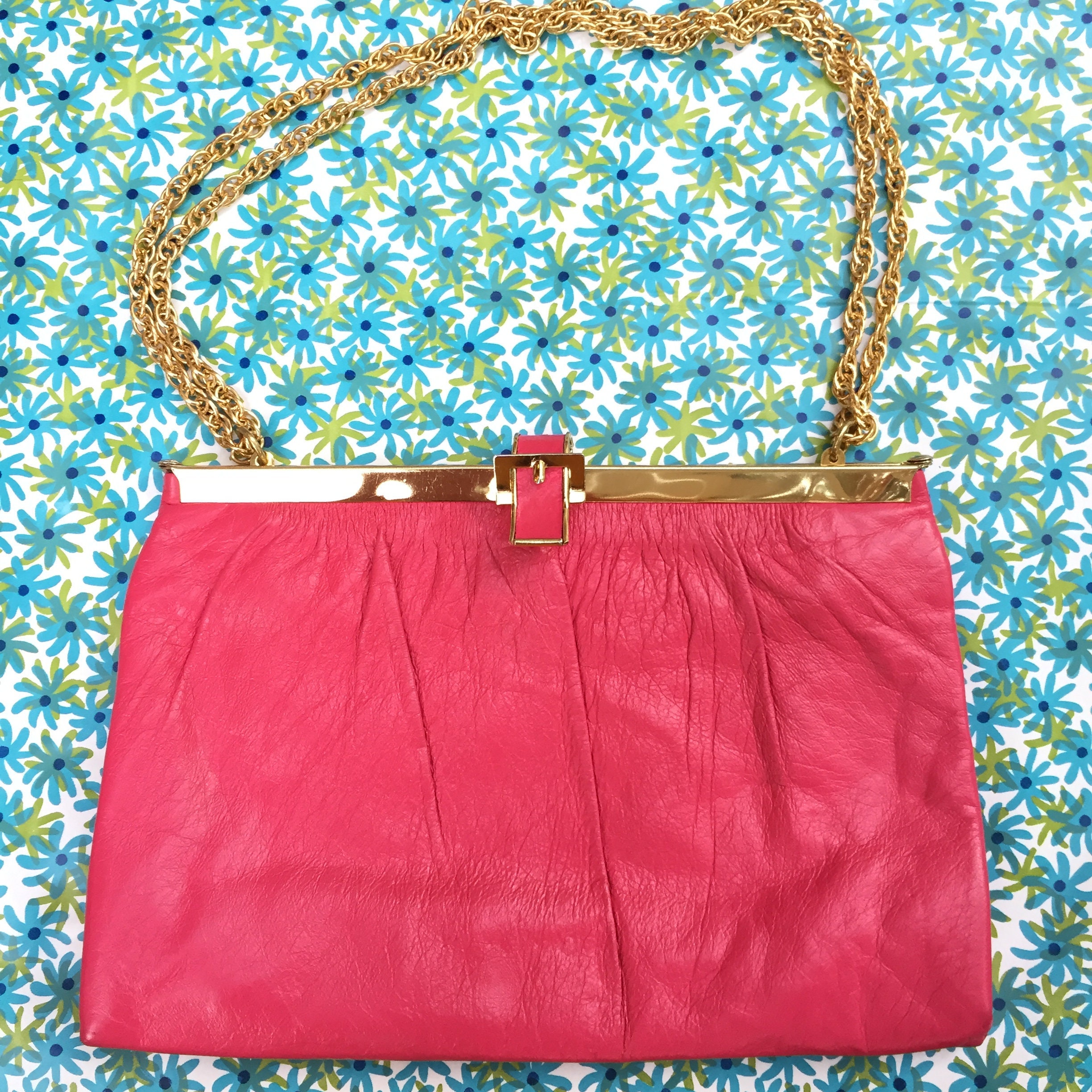 Vintage 1970s Pink Leather Handbag, Vintage Hot Pink Purse, Vintage