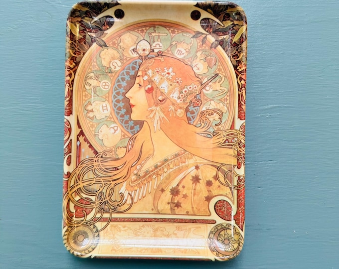 Vintage Alphonse Mucha Zodiac Decorative Tray Art Nouveau Astrology Trinket Tray Made in Italy Plastic Catchall Jewelry Dish
