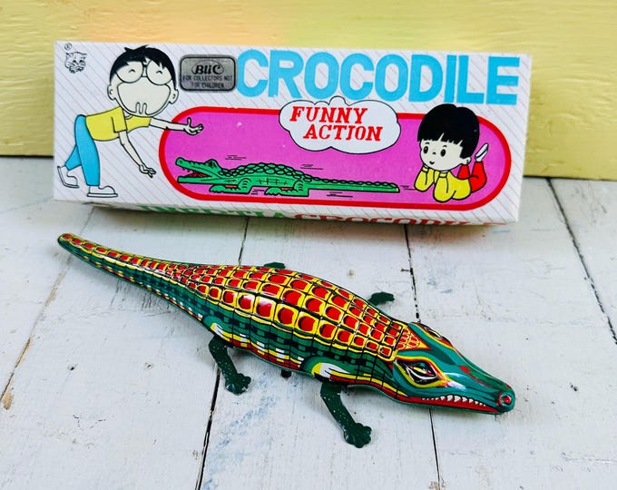 Vintage BLiC Inertia Crocodile Tin Toy Beijing Toy No 1 Factory 1990s Chinese Friction Alligator Original Box
