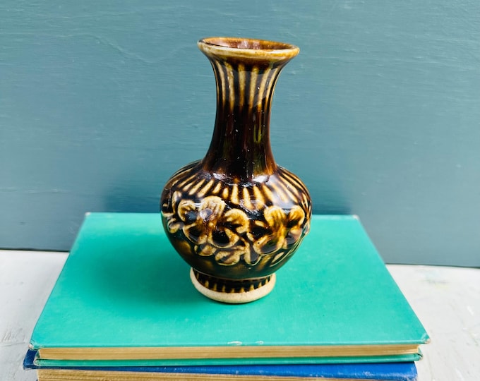 Vintage Brown Drip Glaze Pottery Vase Mid Century Ceramic Bud Vase Relief Floral Design Earth Tone Studio Pottery Decor