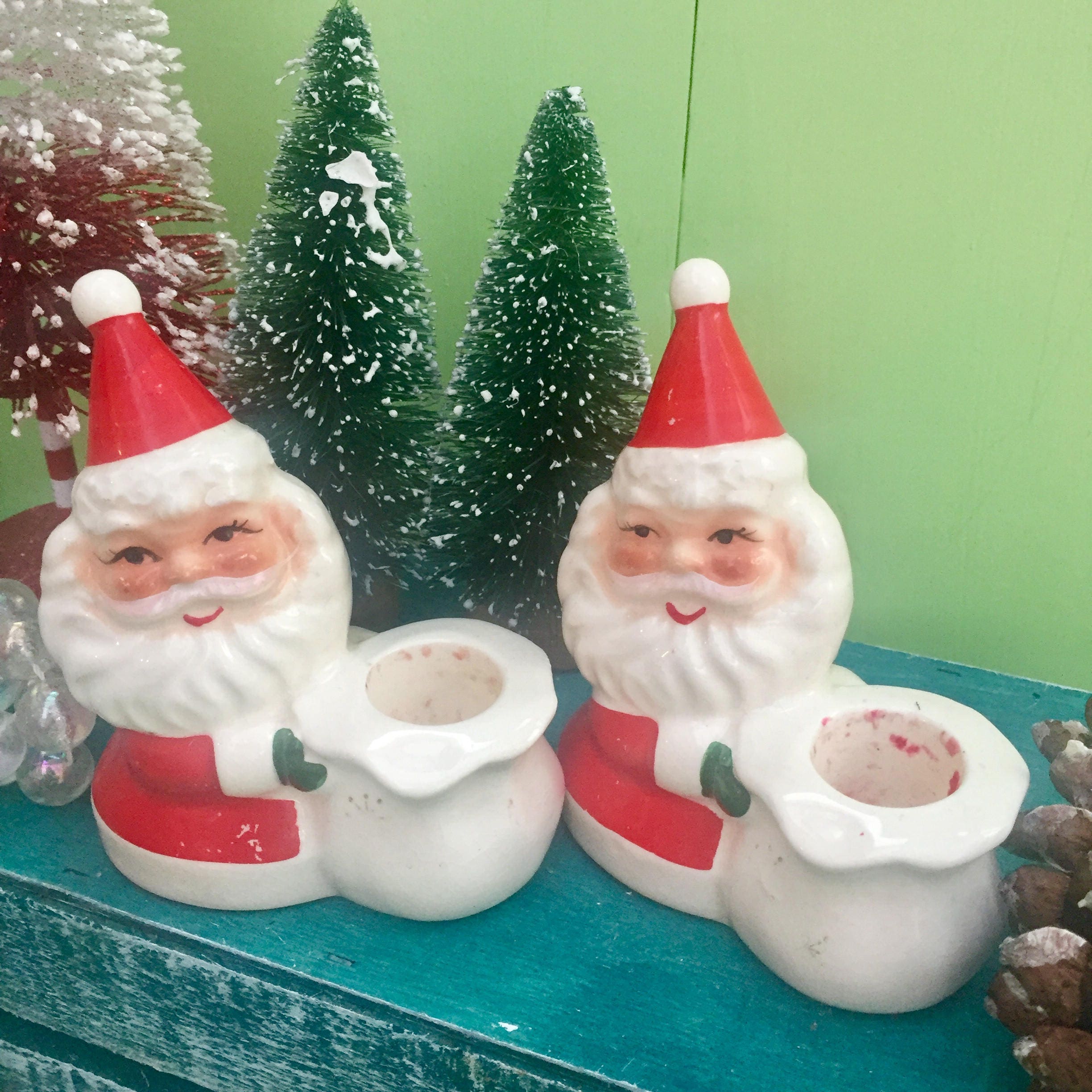 Vintage Santa Candleholders, Kitschy Christmas Candleholders, Santa