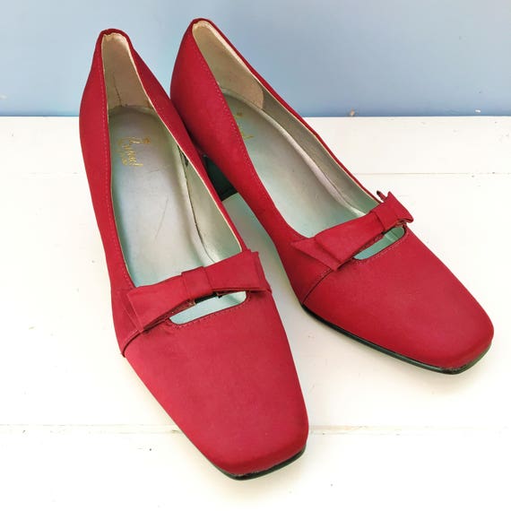 Vintage Maroon Satin Pumps with Bows, Women's Size