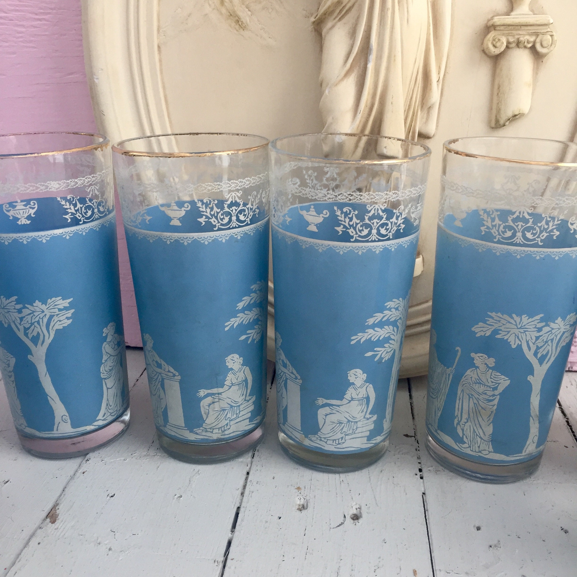 Vintage Pilsner Glassware, Set of 8, Vintage Classical Motif Drinkware