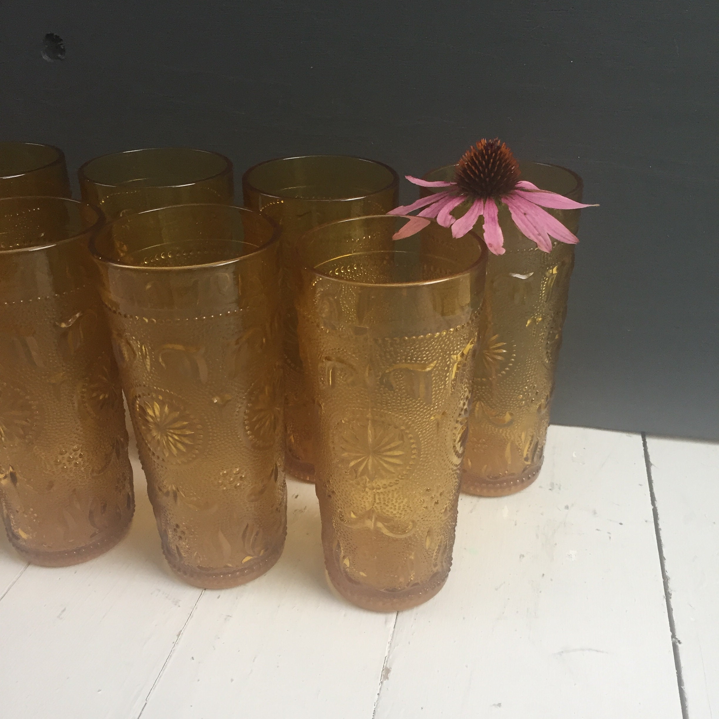 Vintage 1960s American Concord Drinking Glasses, Set of Nine, Vintage Amber Glassware, Mid
