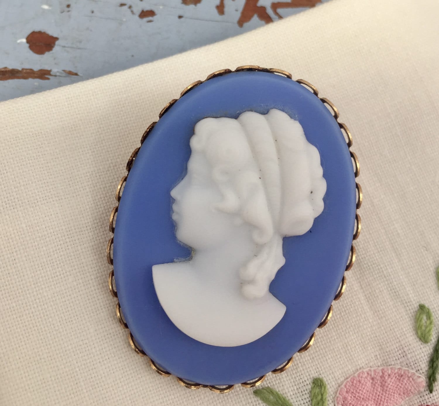 Vintage Cameo Brooch Pin, Blue and White Cameo, 1960s Victorian Revival ...