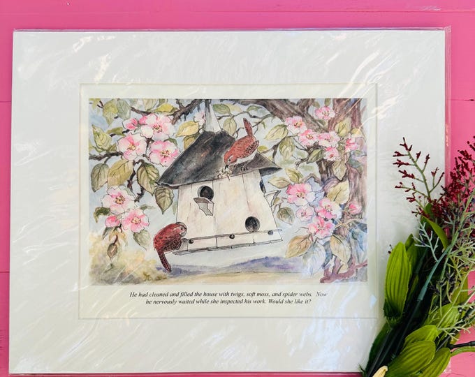 Vintage Woodland Animals Print, Matted Ready to Hang, Vintage Bird Print, Vintage Bird Storybook print, Bird Lover Gift, Nursery Decor