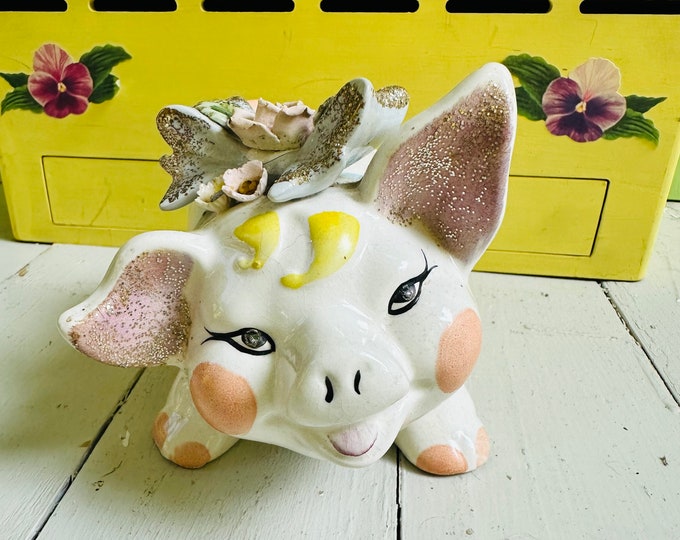Vintage Lefton Piggy Bank, Mid Century Children's Piggy Bank, Pig with Bow Coin Bank, Vintage Pig Figurine, Mid Century Knick Knack