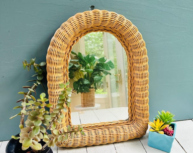 Vintage Arched Wicker Mirror Rattan Wall Mirror 16 inch tall Boho Coastal Decor Cottagecore Grandmillennial Natural Woven Frame
